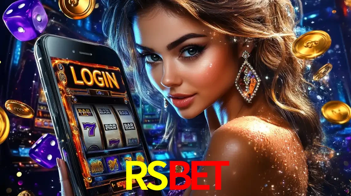 Mulher glamorosa segurando um smartphone com a tela de login para os jogos de caça-níqueis do cassino online RSBET, com moedas de ouro e dados ao redor.