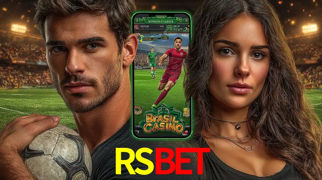 Homem segurando uma bola de futebol e uma mulher ao lado de um smartphone exibindo o jogo de apostas esportivas da RSBET. Faça seu palpite no cassino online.